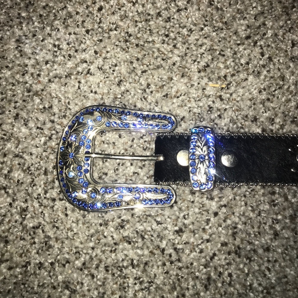 Blue Swarovski crystal and black cowhide belt